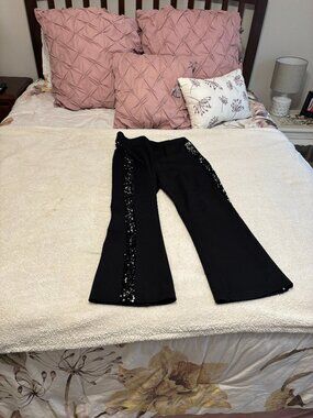 Nanette Lepore Black Sequin Tuxedo Stripe Cropped Flare Pull-On Pants Size M